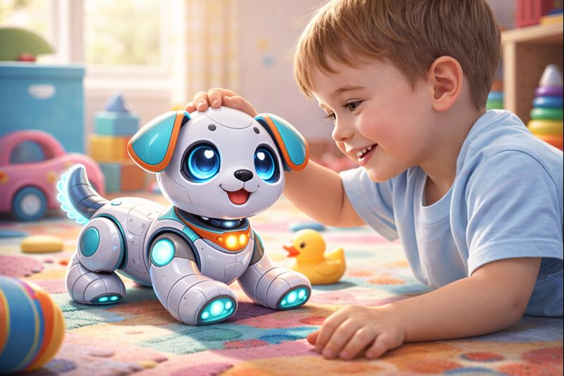 Child playing gently with a robotic pet toy