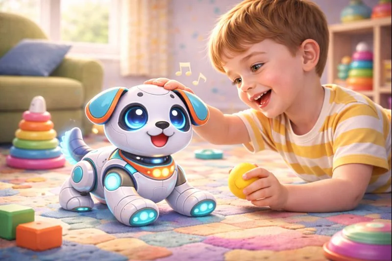 Child playing with a robot dog toy at home