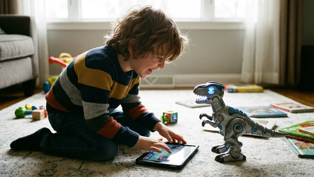Child ages six to eight playing with an interactive toy