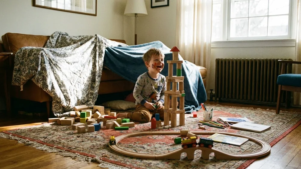 Child enjoying screen-free play with toys at home