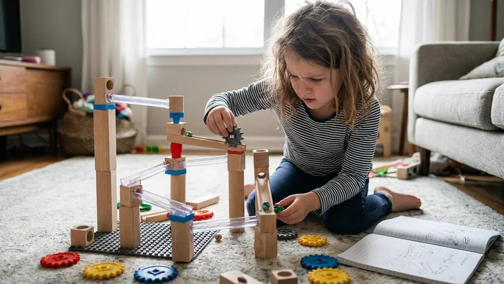 Child experimenting and problem-solving during toy play