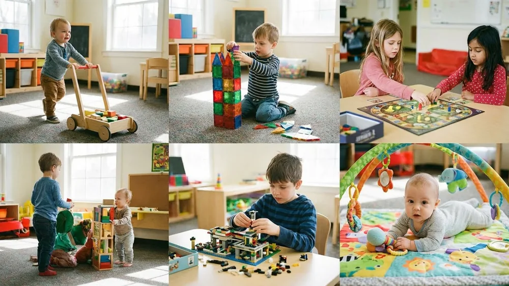 Children of different ages playing with age-appropriate toys