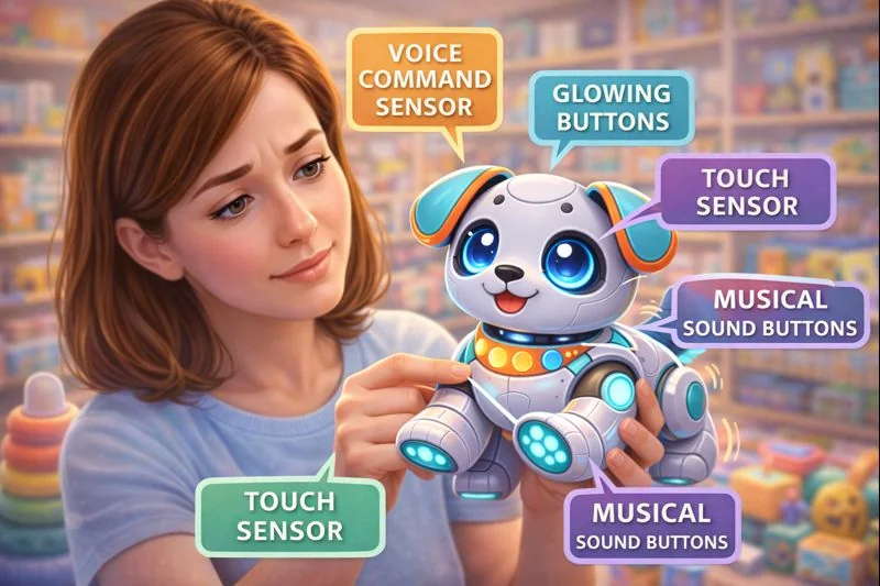 Close-up illustration of interactive toy buttons and sensors