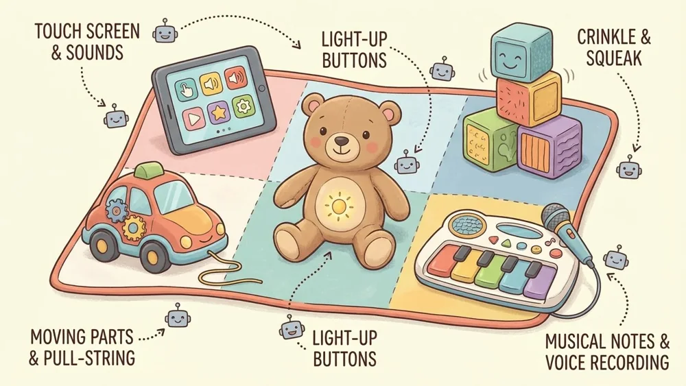 Illustration showing common interactive toy features