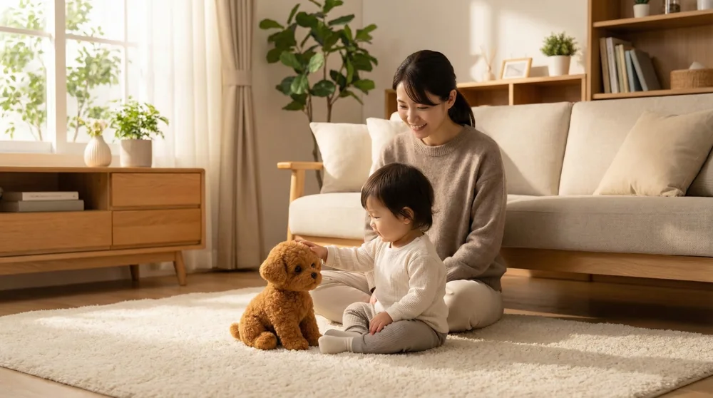 Parent supervising a child playing with the Wuffy robot dog