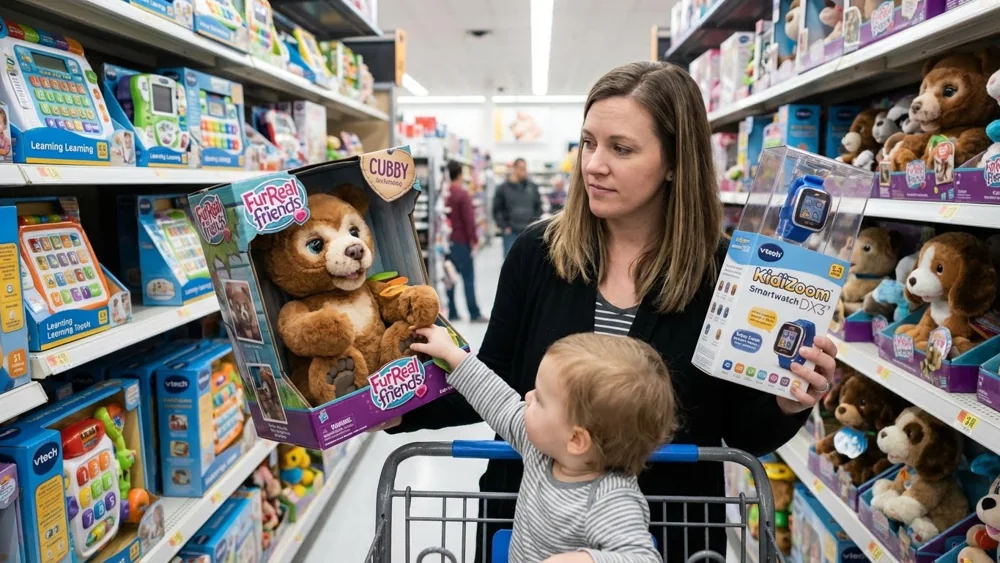 Parent comparing interactive toys before choosing one