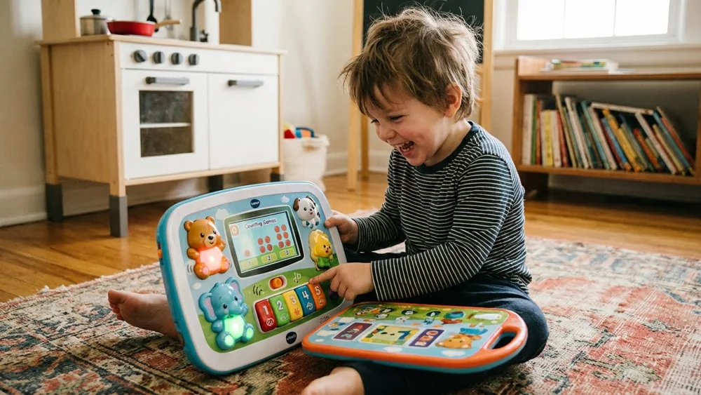 Preschool child playing with an interactive toy
