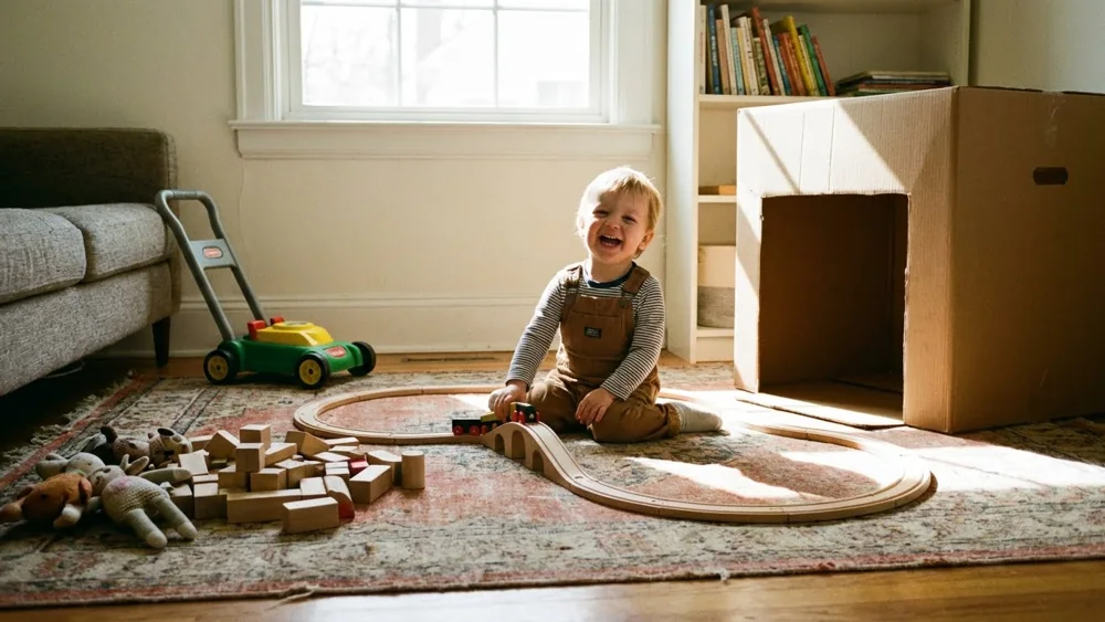 Toddler engaged in screen-free play with toys