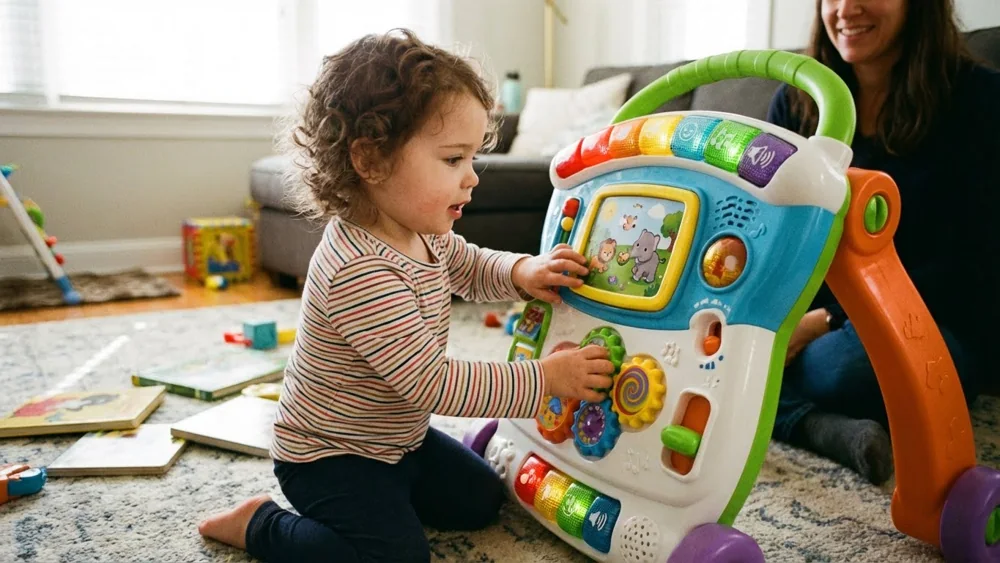 Toddler exploring an interactive toy during playtime
