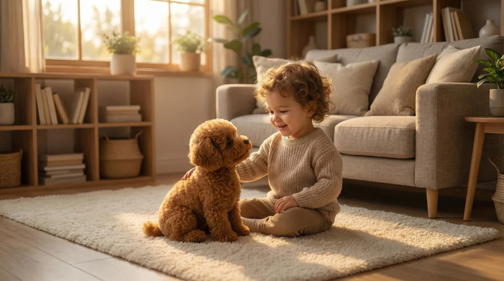 Child gently interacting with the Wuffy robot dog