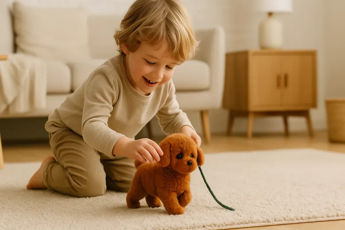 kid playing with wuffy dog